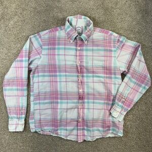 Brooks Brothers Button Front Shirt Mens L Purple Teal Plaid Cotton Regular Fit